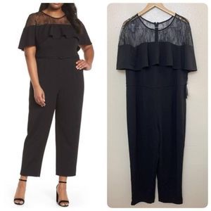 Adrianna Papell Plus Lace-Yoke Ruffled Illusion Neckline Jumpsuit 18W Black $169